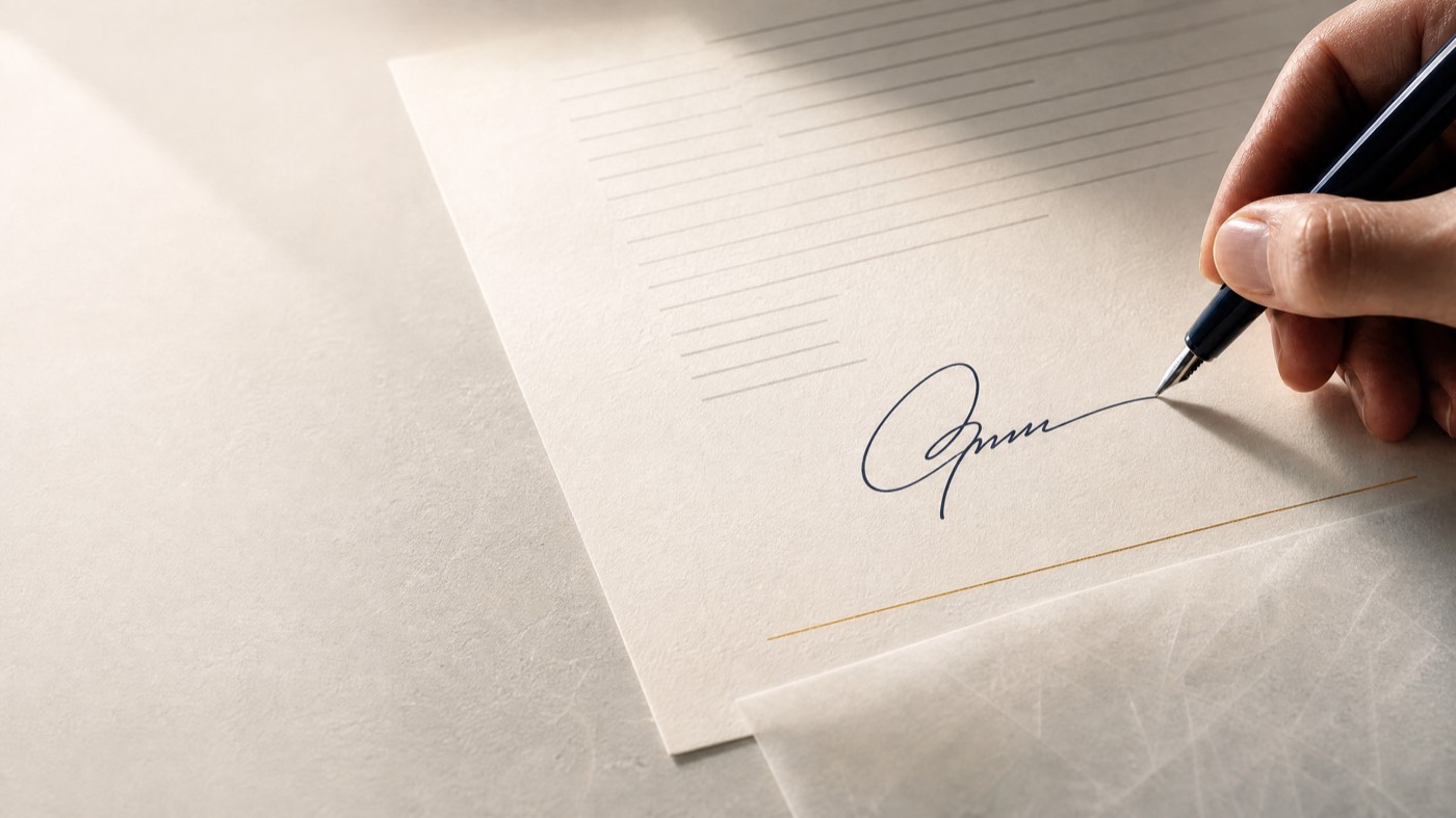 A hand mid-signature on a printed agreement, the line still being drawn.