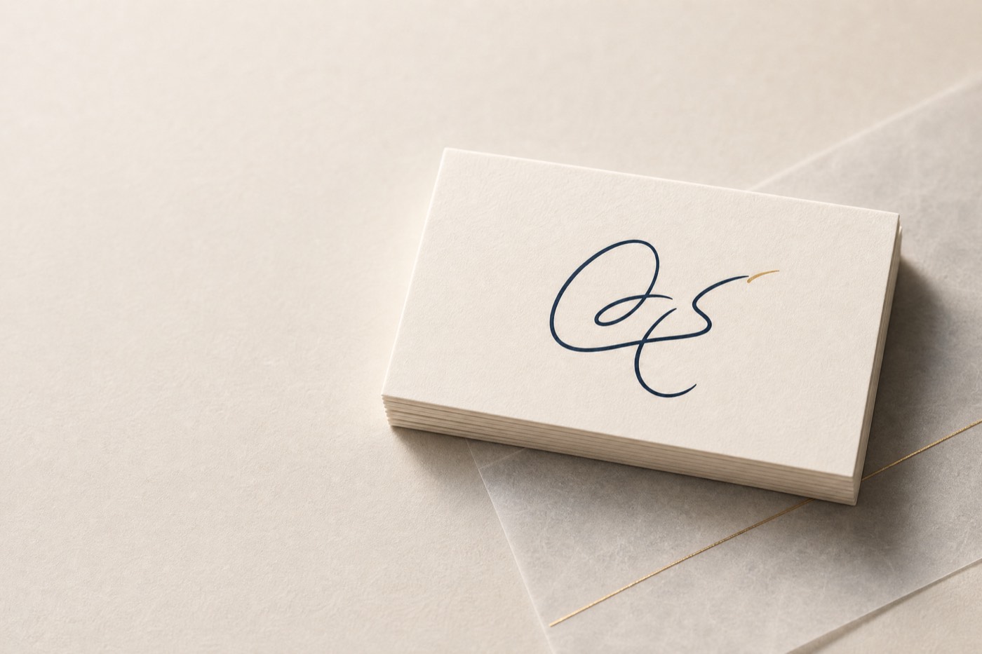 A letterpress business card carrying a monogram mark, resting on a vellum envelope.
