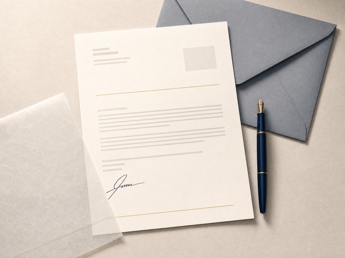 A letterhead proposal signed in ink, beside a fountain pen and an envelope.