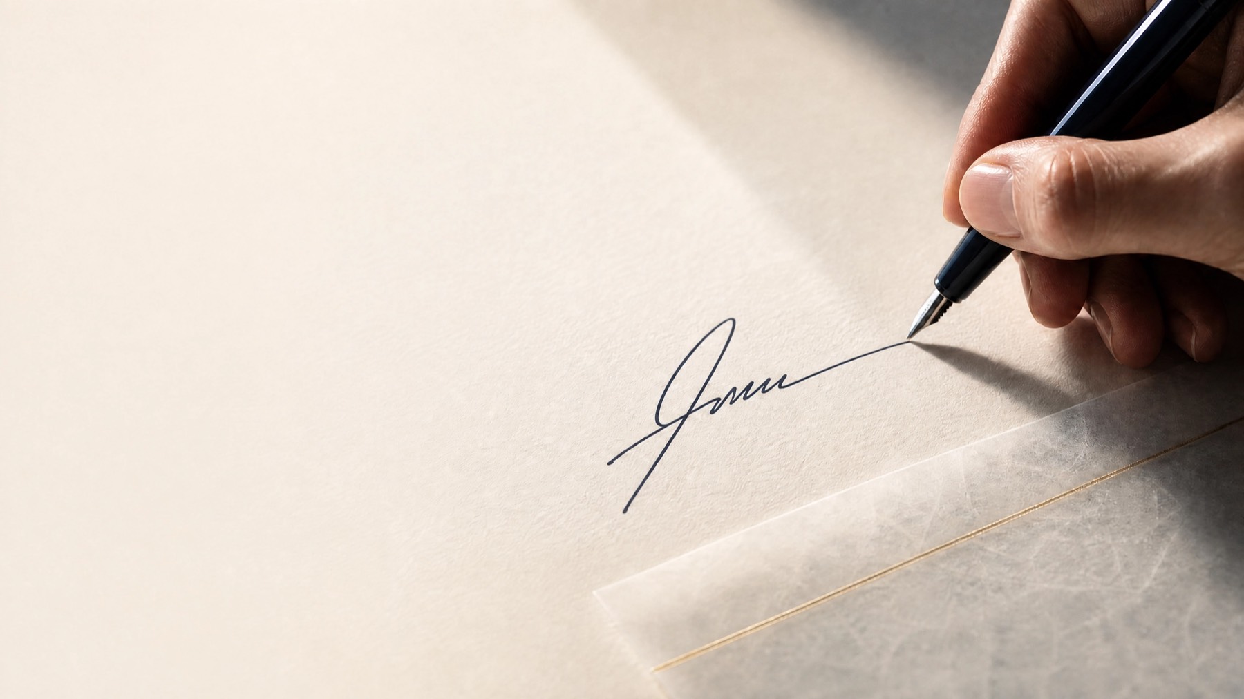 A hand holds a dark pen above warm paper, finishing a single confident signature line.