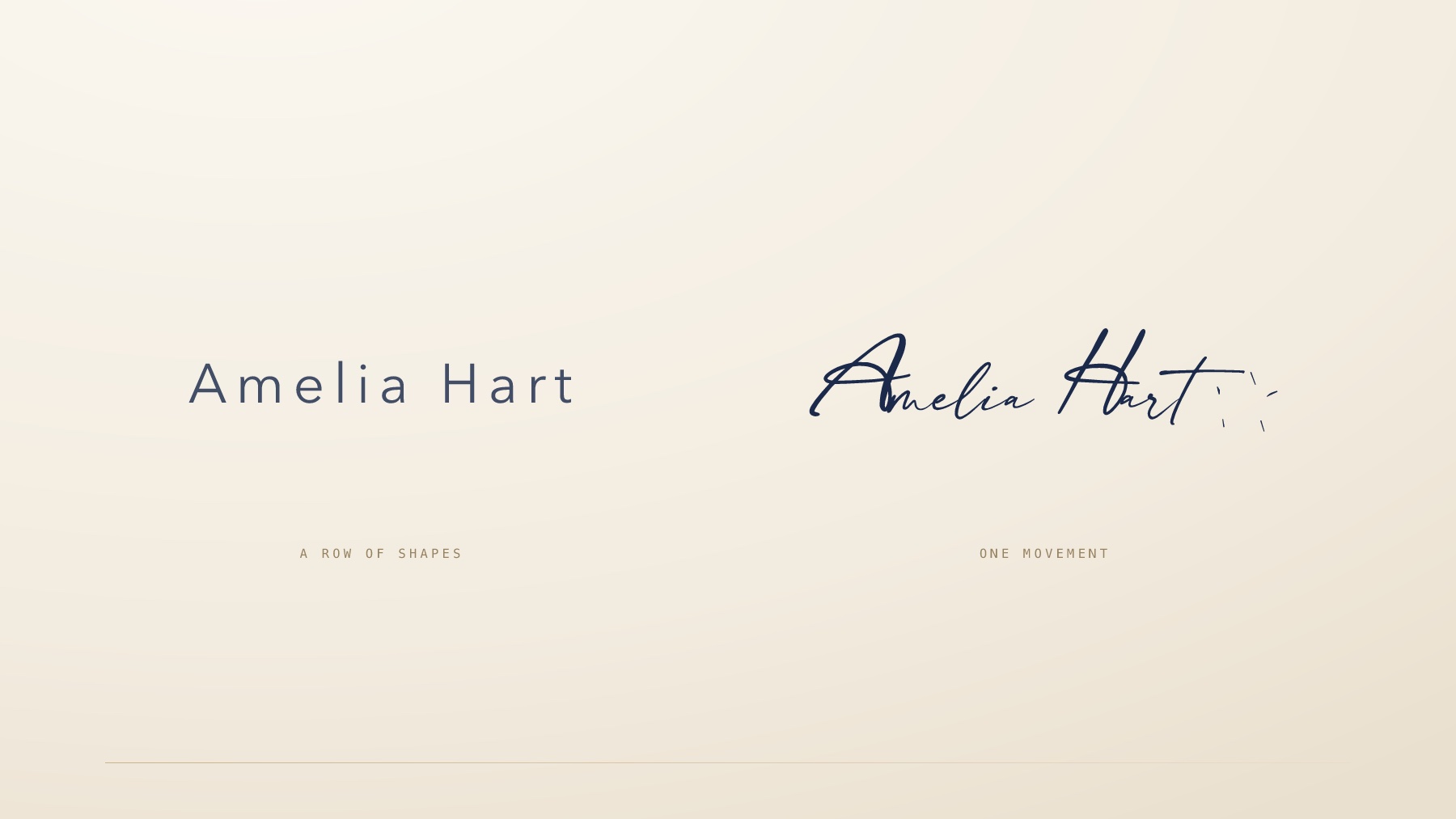 The name Amelia Hart set as separate letters beside the same name drawn as one connected signature.